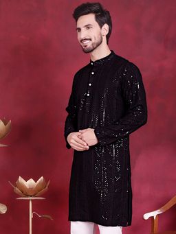 Jompers - Men Black Viscose Rayon Embroidered Straight Kurta