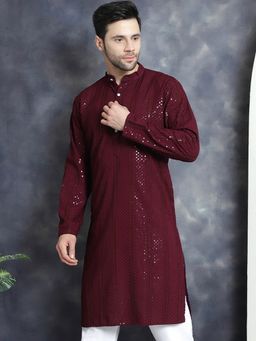 Jompers - Men Purple Viscose Rayon Embellished Straight Kurta