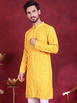 Jompers - Men Yellow Viscose Rayon Embroidered Straight Kurta