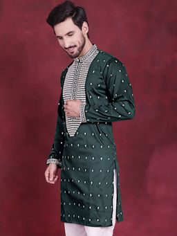 Jompers - Men Olive Cotton Silk Embroidered Straight Kurta
