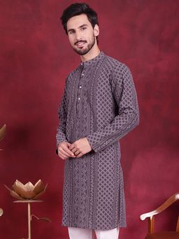 Jompers - Men Grey Georgette Embroidered Straight Kurta