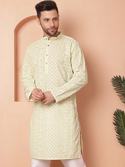 Jompers - Men Green Georgette Embroidered Straight Kurta
