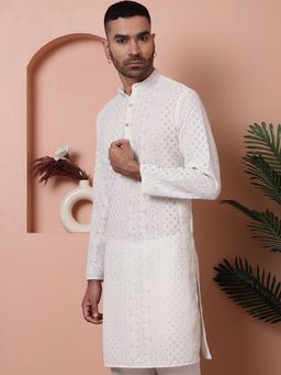 Jompers - Men White Georgette Embroidered Straight Kurta