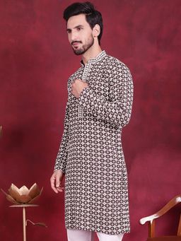 Jompers - Men Brown Viscose Rayon Embroidered Straight Kurta