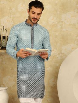 Jompers - Men Blue Viscose Rayon Embroidered Straight Kurta