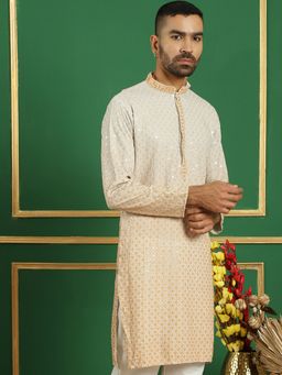Jompers - Men Mustard Viscose Rayon Embroidered Straight Kurta
