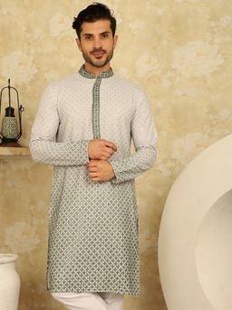 Jompers - Men Green Viscose Rayon Embroidered Straight Kurta