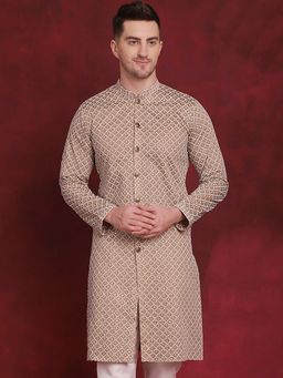 Jompers - Men Beige Silk Embroidered Straight Kurta