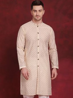 Jompers - Men Gold Silk Embroidered Straight Kurta