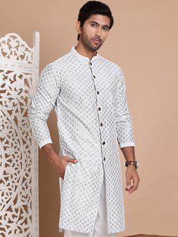 Jompers - Men Grey Silk Embroidered Straight Kurta