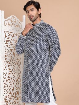 Jompers - Men Blue Silk Embroidered Straight Kurta