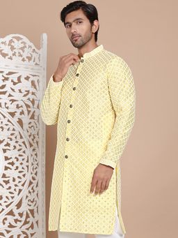 Jompers - Men Yellow Silk Embroidered Straight Kurta
