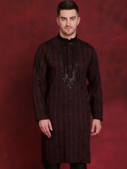 Jompers - Men Maroon Viscose Rayon Embroidered Straight Kurta