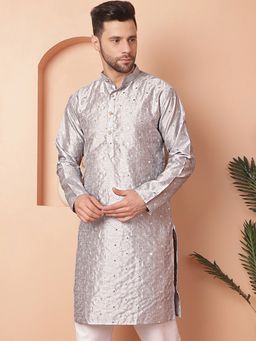 Jompers - Men Grey Silk Blend Embroidered Straight Kurta