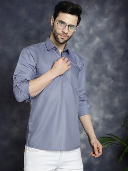 Jompers - Men Grey Cotton Blend Solid Straight Kurta