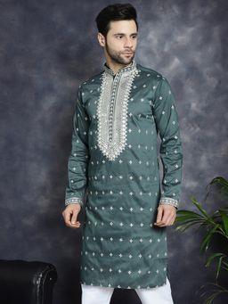 Jompers - Men Green Silk Blend Embroidered Straight Kurta