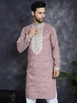 Jompers - Men Mauve Silk Blend Embroidered Straight Kurta