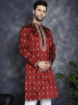 Jompers - Men Maroon Silk Blend Embroidered Straight Kurta