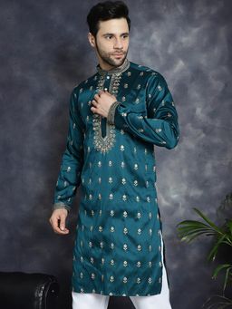 Jompers - Men Teal Silk Blend Embroidered Straight Kurta