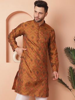 Jompers - Men Mustard Silk Blend Woven Straight Kurta