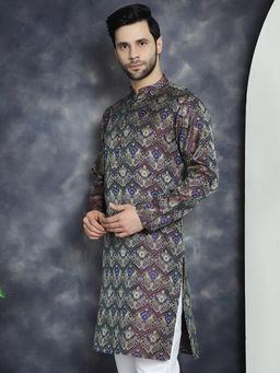 Jompers - Men Purple Silk Blend Geometric Straight Kurta
