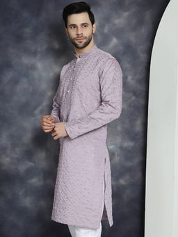 Jompers - Men Purple Silk Blend Embroidered Straight Kurta