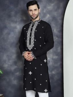 Jompers - Men Black Silk Blend Embroidered Straight Kurta