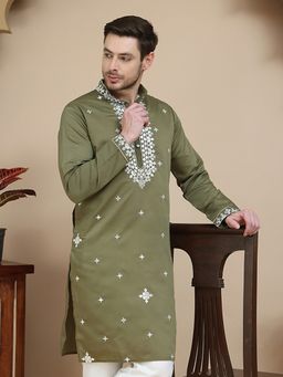 Jompers - Men Olive Embroidered Kurta