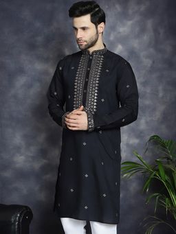 Jompers - Men Black Silk Blend Embroidered Straight Kurta
