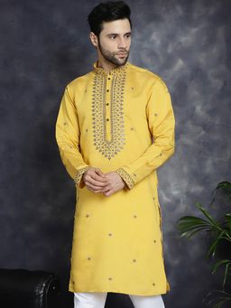 Jompers - Men Yellow Silk Blend Embroidered Straight Kurta
