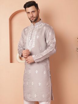 Jompers - Men Grey Silk Blend Embroidered Straight Kurta