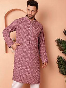 Jompers - Men Magenta Viscose Rayon Embroidered Straight Kurta