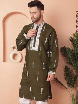 Jompers - Men Olive Silk Blend Embroidered Straight Kurta