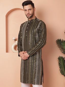 Jompers - Men Green Silk Blend Embroidered Straight Kurta