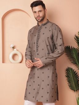 Jompers - Men Grey Silk Blend Embroidered Straight Kurta