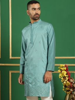 Jompers - Men Blue Silk Blend Embroidered Straight Kurta