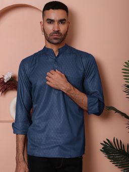 Jompers - Men Navy Blue Woven Design Short Kurta
