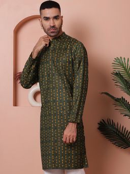Jompers - Men Olive Pure Cotton Geometric Straight Kurta