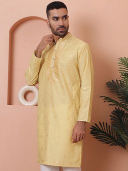 Jompers - Men Yellow Cotton Blend Embroidered Straight Kurta