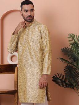 Jompers - Men Gold Jacquard Paisley Straight Kurta