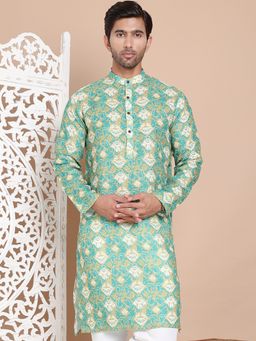 Jompers - Men Green Cotton Abstract Straight Kurta