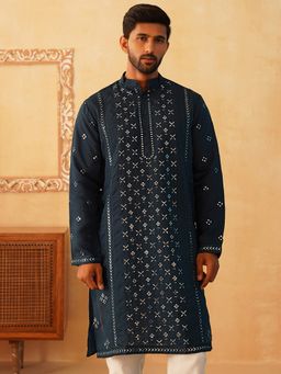 Jompers - Men Blue Cotton Embroidered Straight Kurta