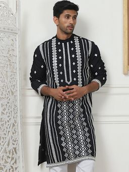 Jompers - Men Black Silk Blend Embroidered Straight Kurta