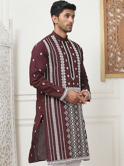 Jompers - Men Wine Silk Blend Embroidered Straight Kurta