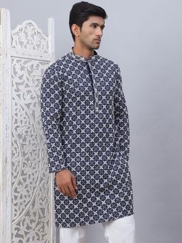 Jompers - Men Blue Viscose Rayon Embroidered Straight Kurta