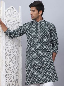 Jompers - Men Olive Viscose Rayon Embroidered Straight Kurta