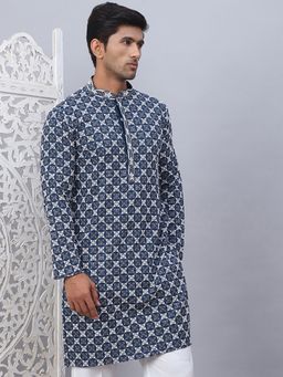 Jompers - Men Blue Viscose Rayon Embroidered Straight Kurta