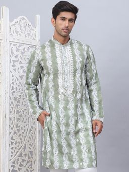 Jompers - Men Green Viscose Rayon Embroidered Straight Kurta
