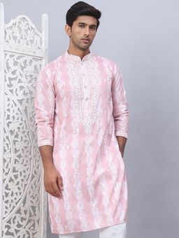Jompers - Men Peach Viscose Rayon Embroidered Straight Kurta