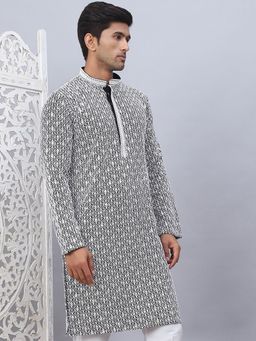 Jompers - Men Black Cotton Embroidered Straight Kurta